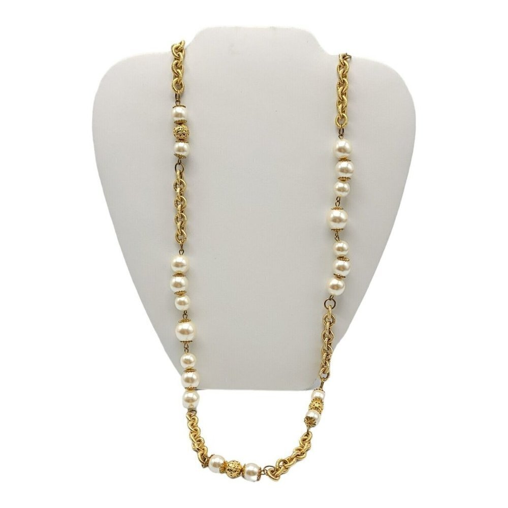 Faux Pearl Heavy Gold Tone Chain Link Long Vintage Necklace 33" Long